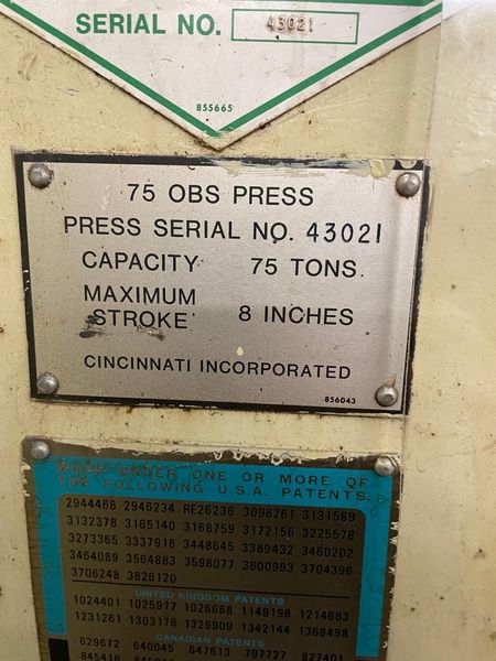 Cincinnati Model 75 OBS 75 Ton Hydraulic Gap Frame Press, 8" Stroke, Die Cushion, Cincinnati Tonnage and Position Controls