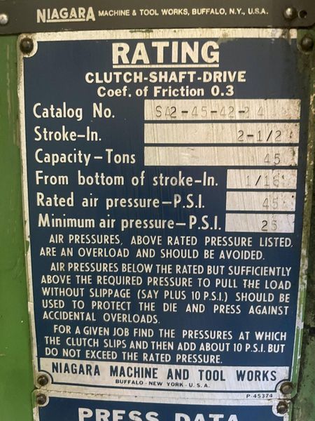 45 TON NIAGARA MODEL #SA2-45-42-24 SSDC PRESS 2.5" STROKE: STOCK 15051