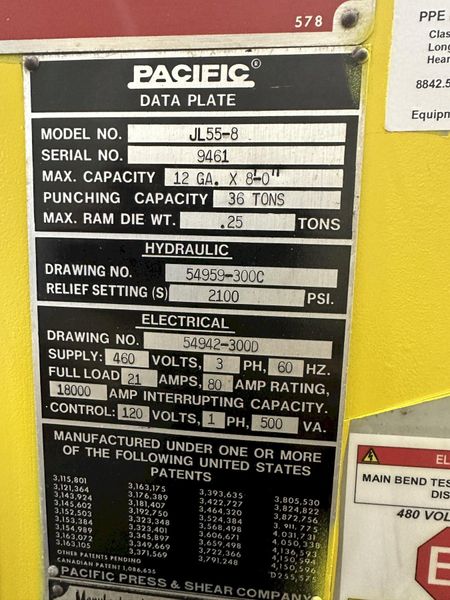 55 TON X 8' PACIFIC HYDRAULIC PRESS BRAKE: STOCK #76972