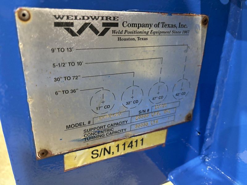 40 TON (80,000 LBS) WELD-WIRE MODEL #WWR-20 POWERED TANK TURNING ROLLS, 1 DRIVE & 3 IDLERS: STOC