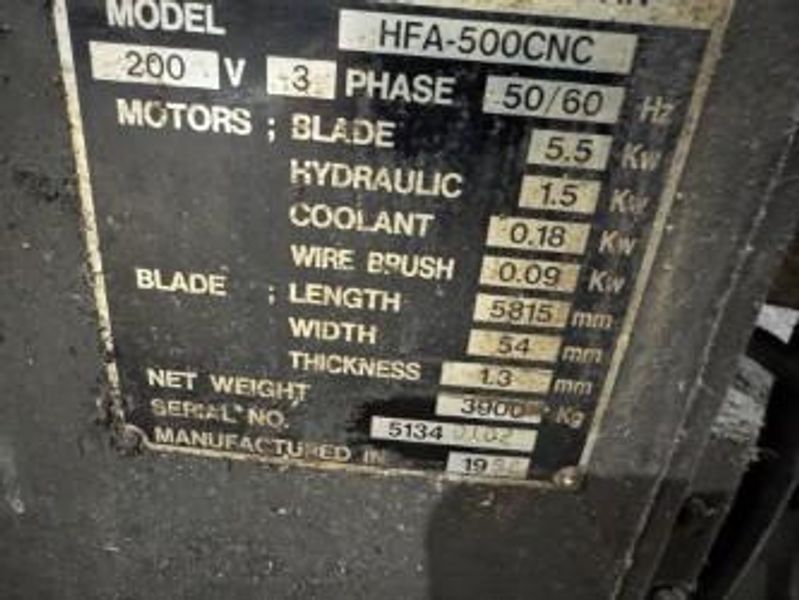 20” x 20” Amada Model HFA-500CNC Fully Automatic Hydraulic Horizontal Band Saw