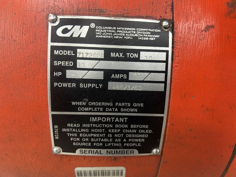 CM Powerstar 717202E 10 Ton Electric Chain Hoist w/ Manual Trolley