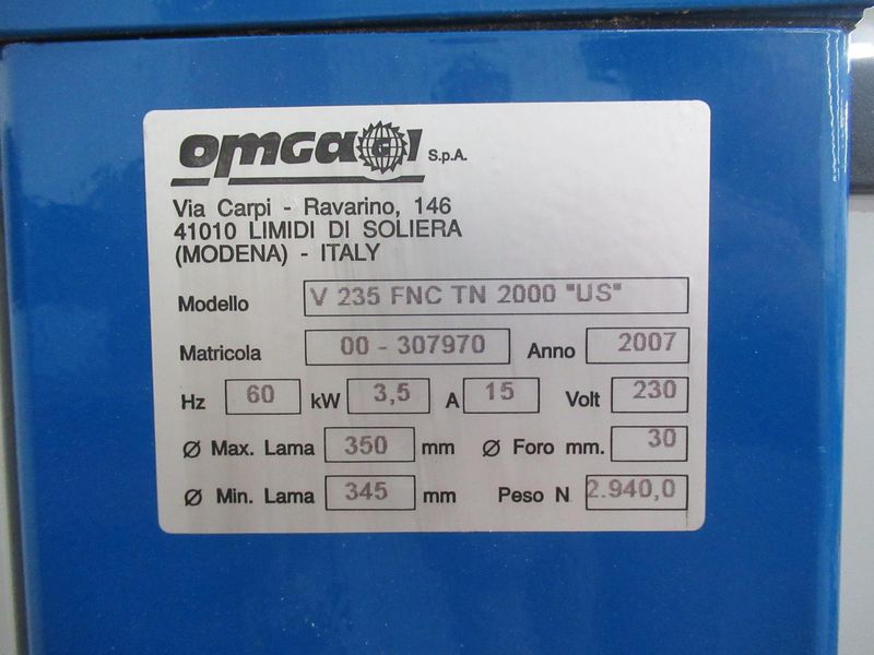 OMGA V235FNC Double Mitre Circular Saw, 90 Degree Fixed, FP2000 Programmable Work Stop, 350mm Blade