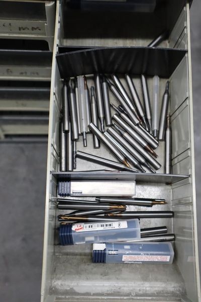 Multi-Drawer Cabinet (16) with Contents: Carbide End Mills, HSS Drills and More- Auction Item