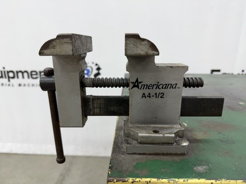 3′ x 6′ Steel Work Table w/ (2) 3.5″ Columbian & (1) Americana A4-1/2 Vises