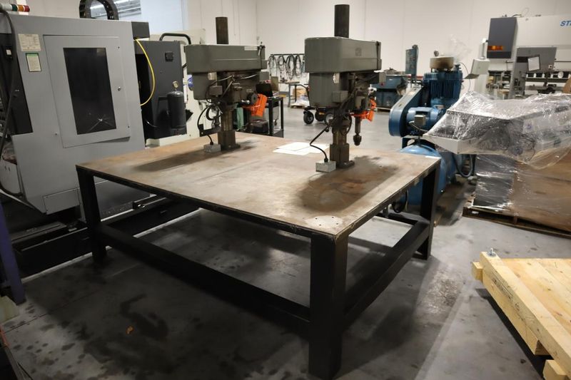 Clausing Model 2236 20" Drill Presses (2) on Steel Table, 2-Speed Motors, Hand Quill Feeds, Jacobs Drill Chucks, Safety Shields- Auction Item