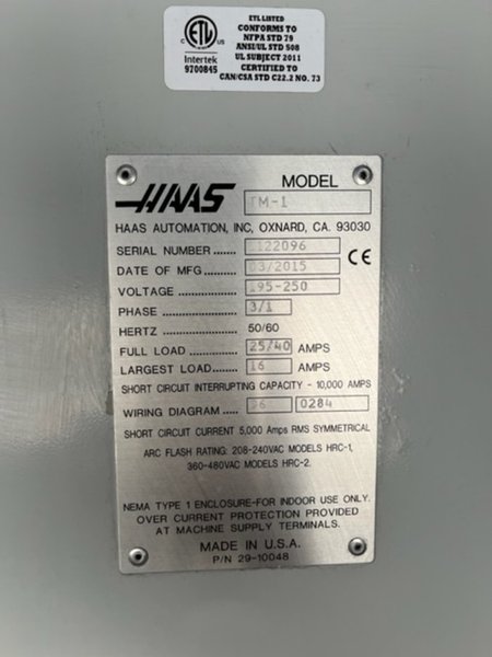 30"X, 12"Y, 16"Z, HAAS TM-1 2015 VERTICAL MACHINING CENTER