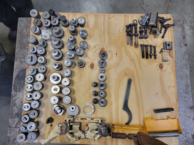 Very good condition Geka Hyrocrop 110 ton ironworker, with tons of tooling and "C" channel blades as well as rod shear, angle shear, flat bar shear, coper/notcher and of course punch station, two foot pedals
Boxes of tooling,elec. stop