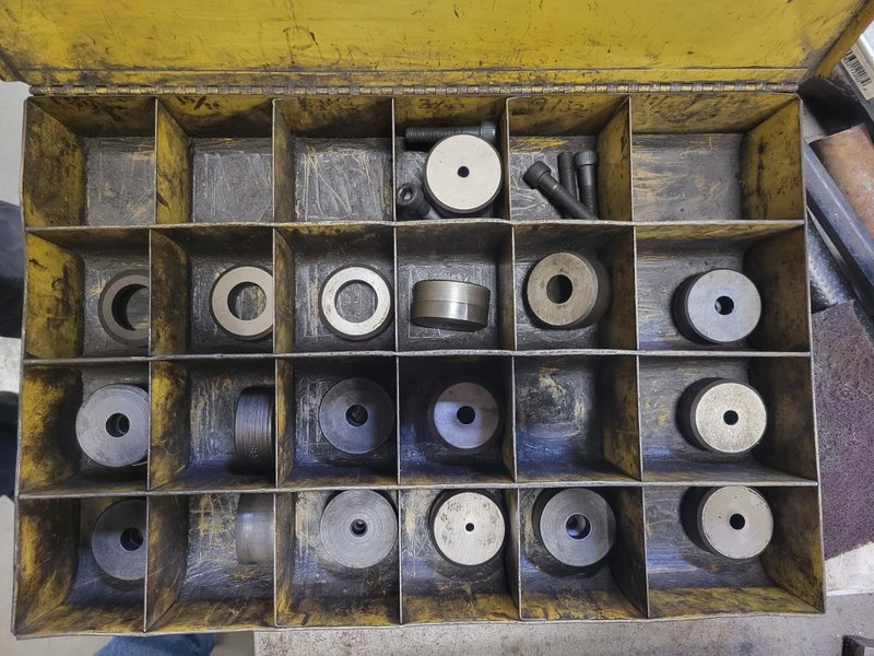 Very good condition Geka Hyrocrop 110 ton ironworker, with tons of tooling and "C" channel blades as well as rod shear, angle shear, flat bar shear, coper/notcher and of course punch station, two foot pedals
Boxes of tooling,elec. stop