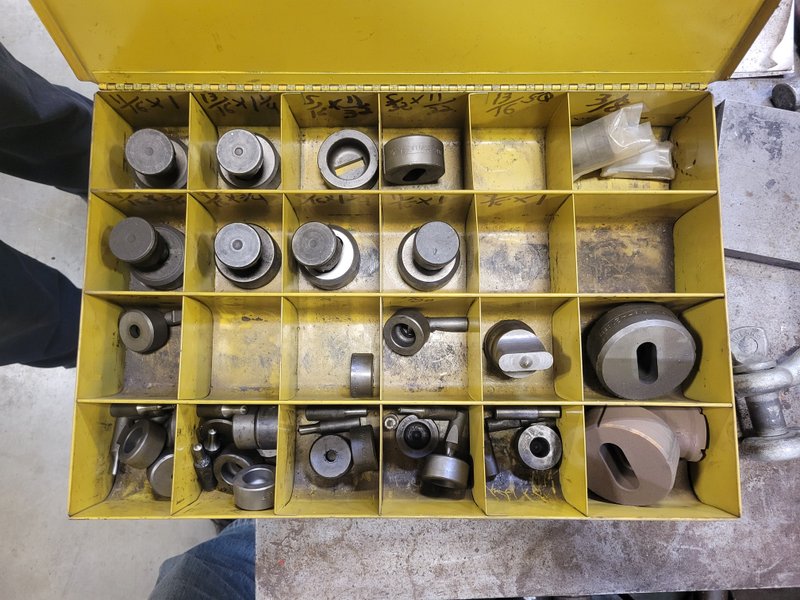 Very good condition Geka Hyrocrop 110 ton ironworker, with tons of tooling and "C" channel blades as well as rod shear, angle shear, flat bar shear, coper/notcher and of course punch station, two foot pedals
Boxes of tooling,elec. stop