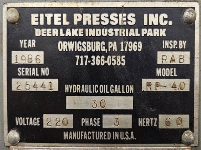 Eitel RP-40 Hydraulic Straightening Press, With Rolling Fixture, Table Extensions, New 1986, Nice Condition