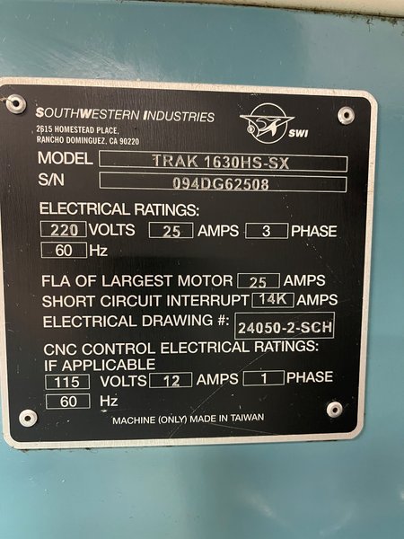 16" X 30" TRAK 2-AXIS CNC/MANUAL FLAT BED LATHE
MODEL: 1630HS-SX, S/N: 09DG62508, NEW: 2009