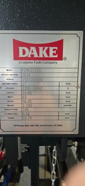 100 Ton, DAKE, #1EM-100, 15.75"Str, 35"DLO, hydraulic, 5.5 HP, manual/elec, NEw   Our stock number: 7189