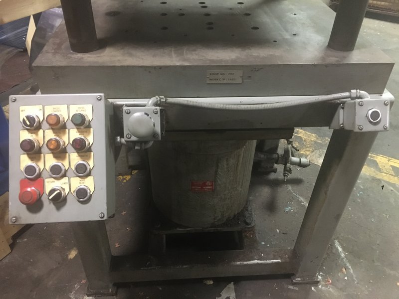 Custom Built 85 Ton 4 Post Hydraulic Press with Air Cushion and Hydraulic Unit
Specifications: 
Press Stands 10 Feet Tall
Capacity: Approximately 85 Ton 
Stroke: 22"