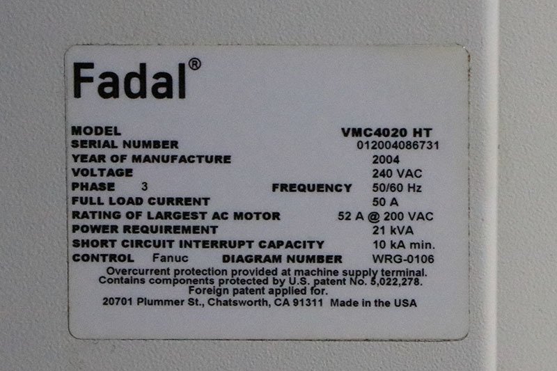 Fadal  VMC 4020 HT CNC Vertical Machining Center, Fanuc control, 10,000 RPM - New: 2004