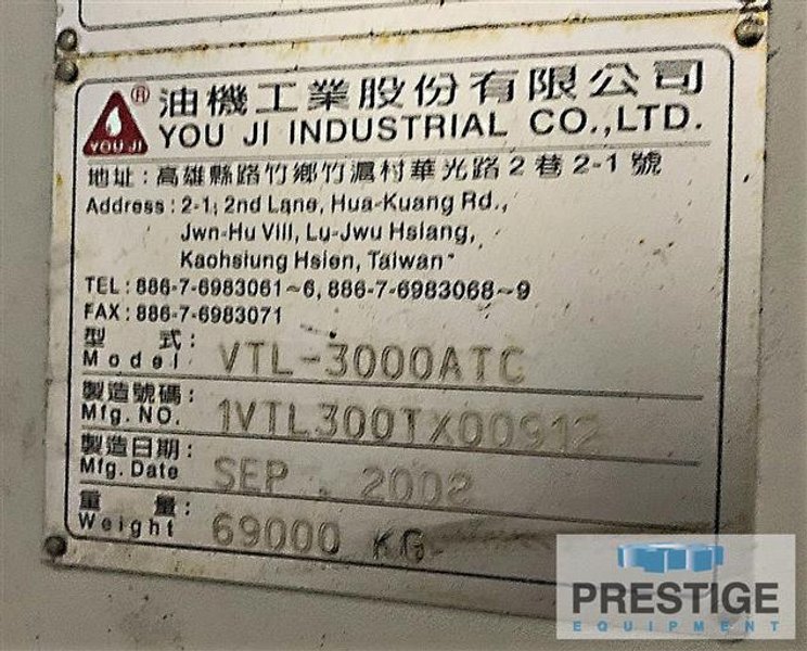 118" You Ji VTL3000ATC, 16 ATC, 141.7" Swing, 1-120 RPM, Chip Conveyor, 100 HP, Fanuc 18T CNC, 2008, #32207