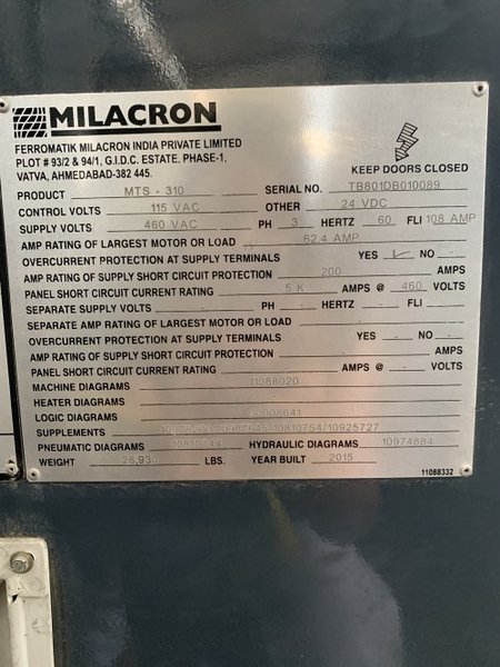 2015 310 TON CINCINNATI MILACRON CNC MTS310 INJECTION MOLDING MACHINE