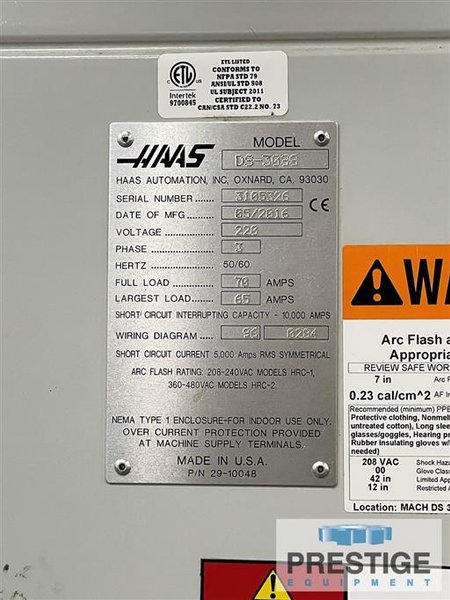 Haas DS-30SS, 31" Swing, Sub-Spindle, 12-Pos. Turret, 4800 RPM, Bar Feed, 1000 PSI Coolant, Haas CNC, 2016, #32282