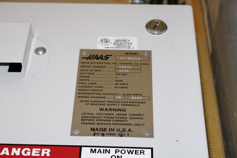 HAAS VF6D/40 VERTICAL MACHINING CENTER, NEW 2006, 15,000 RPM SPINDLE WITH THRU SPINDLE COOLANT