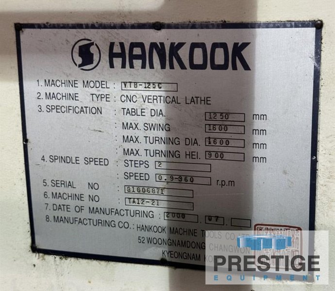 49"/63" Hankook VTB 125C, Pallet Shuttle, Milling, C-Axis, 24 ATC, Fanuc 18T, 2000 #43236
