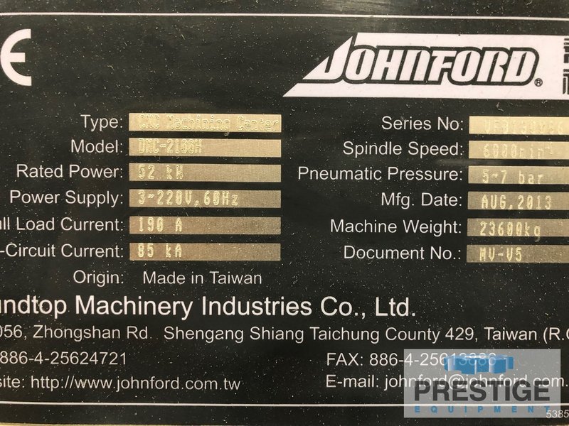 JOHNFORD DMC-2100H, X-80.7", Y-51", Fanuc OiMD CNC, 40 ATC, 1000 PSI Thru Spindle Coolant, 2013, #32118