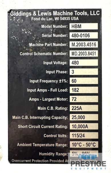 5.12" Giddings & Lewis RT1250, X-98", Y-82", Z-31", W-50", 49" x 63" B-Axis Rotab, 4000 RPM, TSC, Fanuc 310iA CNC, #43781