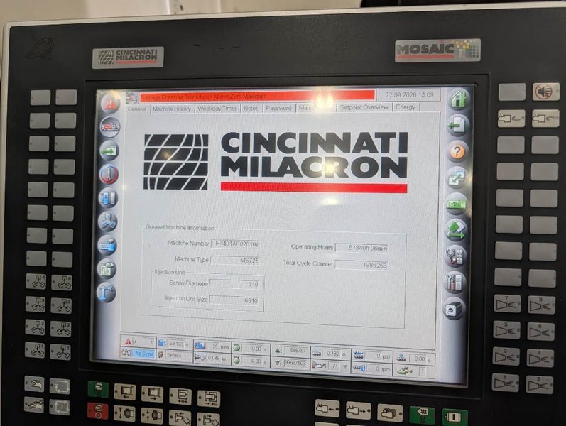 725 TON 140 OZ CINCINNATI MILACRON MS725 INJECTION MOLDING MACHINE, 2015