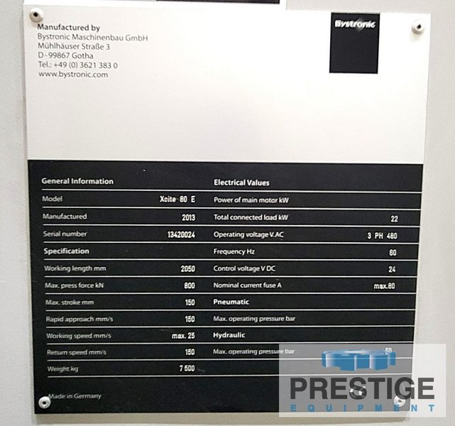Bystronic Xcite 80E Electric Servo, 88 Ton, 80" OA, 5.9" Stroke, Byvision CNC, 5-Axis B.G., Hyd. Clamping, 2013, #43415