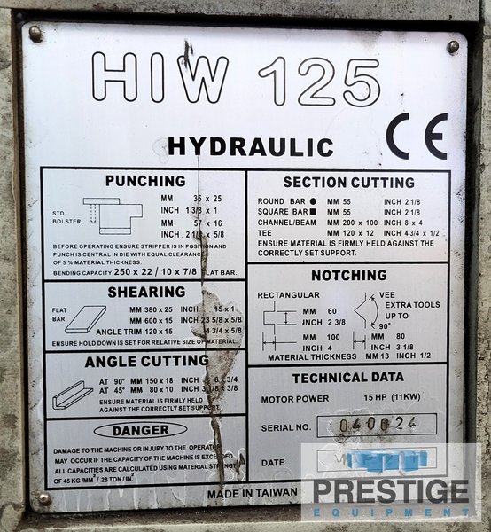 Ferric HIW-125, 125 Ton Punch, .625" x 2.25" Punch Dia, 6" x .750" Shear Cap., 2015 #43265
