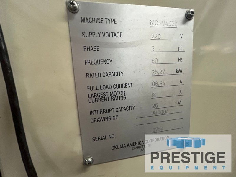 OKUMA MCV-4020, X-40", Y-20", OSP-E100M, 32 ATC, 4th Axis Ready, 15,000 RPM, CAT 40 Chip Conveyor, #43497
