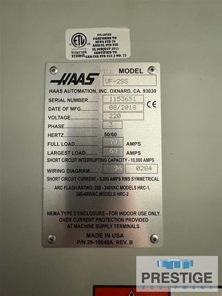 Haas VF-2SS, 30 Station Side Mount ATC, Renishaw Probe, Pre-Wired 4th Axis, Low Hours, Like New, 2018, #43584
