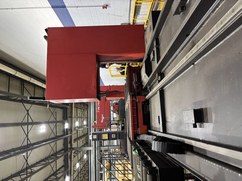 70" X 167" Table, AMADA VM3800 Vertical Plate Saw, 150"X, 31-1/2" Throat, 24" Ht, 2" Blade, Chip Auger, 10 HP, 1990