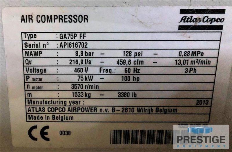 Atlas Copco GA75P FF Air Compressor, 100 HP, 128 PSI, 459.6 CFM, 460 Volts, 2013, #32157