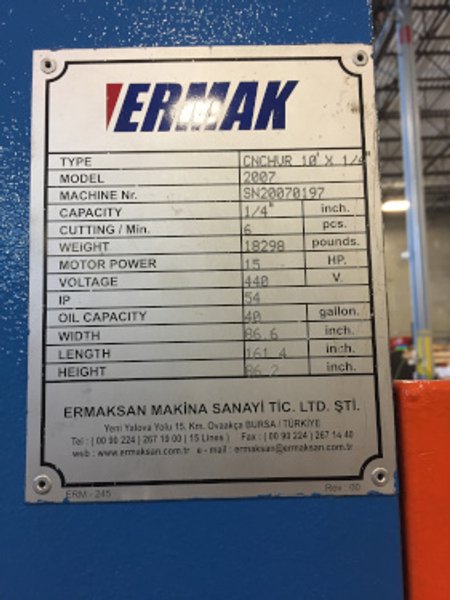 1/4" x 10', ERMAK, #CNCHVR, hyd., 40" CNCBG, Automec CNC FG, 15 HP, 2007