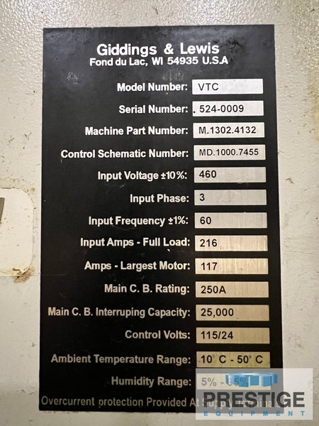 49" Giddings & Lewis VTC-1250, 26 ATC, 66" Swing, 59" Turning Height, 100 HP, Fanuc 160i, #32728
