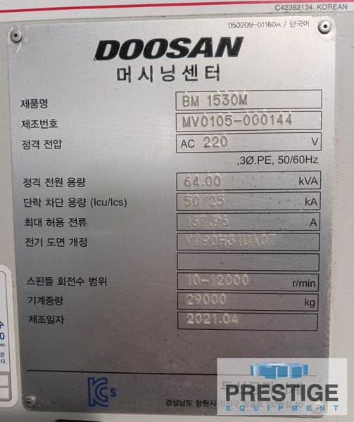 Doosan BM-1530M Bridge Type VMC, X-118", Y-59", 67" B/C, Fanuc 31iB, 40 ATC, 12,000 RPM, 2021, #43920